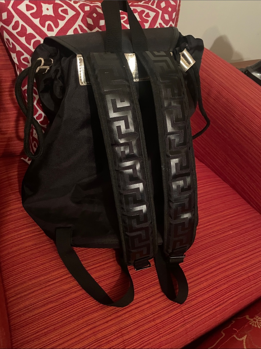 Versace Black Nylon Backpack with Gold Accents and Medallion